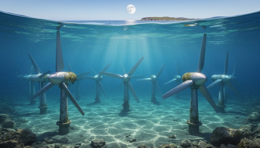 Aerial view of tidal turbine in coastal waters with visible current patterns