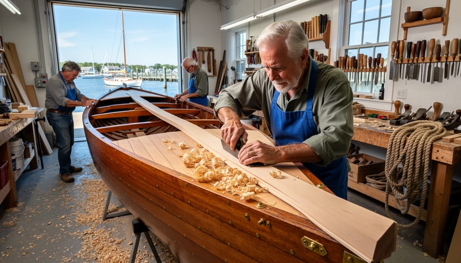 Boat builder's hands working on traditional wooden boat hull with hand tools