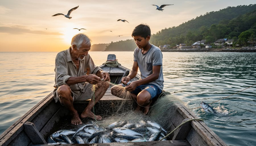 Elderly fisherman's hands mending traditional fishing net on boat deck with ocean in background
