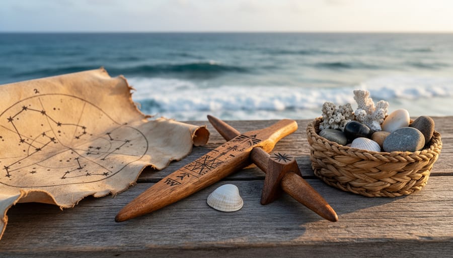 Hands holding traditional carved navigation tool over clear ocean water