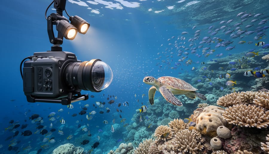 Underwater view of colorful coral reef with tropical fish and sunlight streaming through water