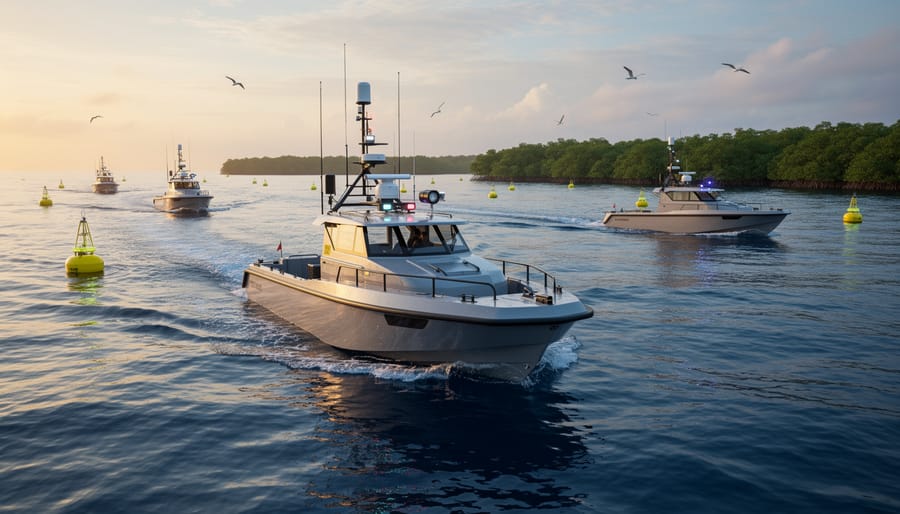 White unmanned surface vessel with sensors navigating blue ocean waters from aerial view