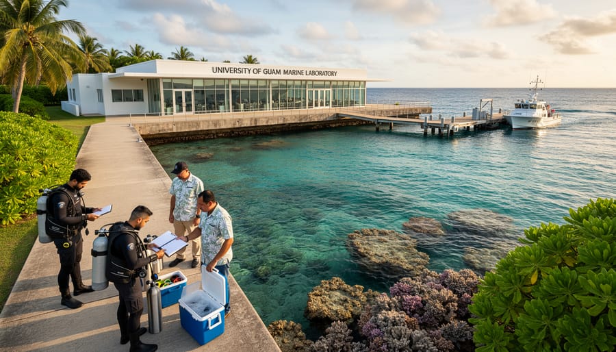 Aerial view of University of Guam Marine Laboratory buildings and docks on tropical coastline