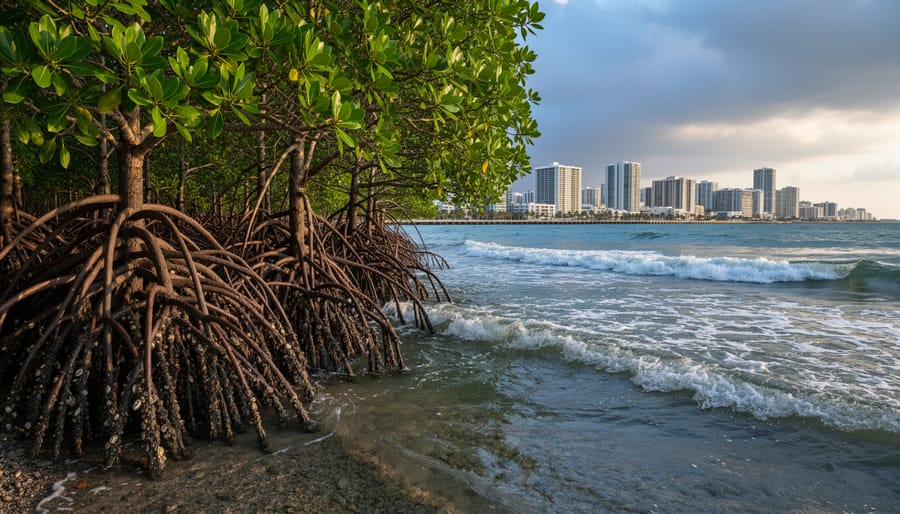 Mangrove forest with intricate root systems in coastal water with urban buildings in background