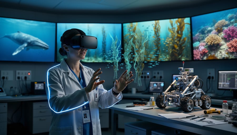 Marine biologist in a lab wearing a VR headset explores a 3D kelp forest simulation, with blurred curved screens showing whales and coral and a small ROV on a workbench behind her, lit by cool blue screen glow.
