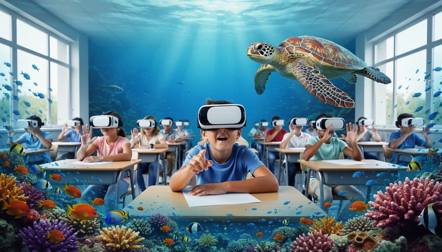Person wearing VR headset experiencing virtual ocean dive in educational setting