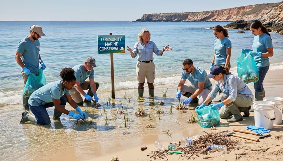 Group of volunteers participating in coastal conservation beach cleanup activity