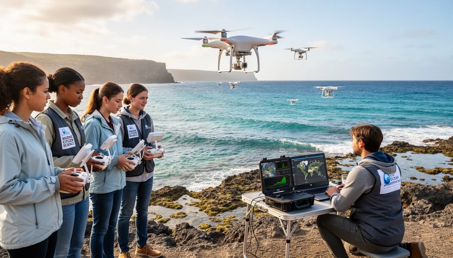 Volunteer researchers on boat observing biodegradable drone during marine monitoring mission