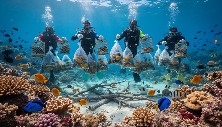 Underwater scene showing collection of tropical fish from coral reef environment