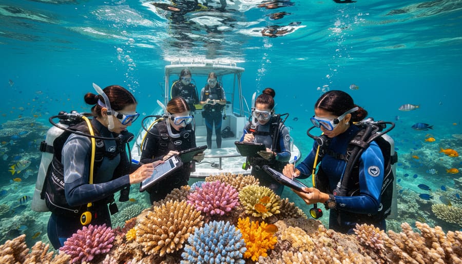 Female Pacific Islander marine scientist examining coral specimens on research vessel
