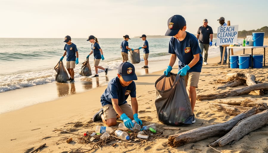 Group of young volunteers collecting plastic debris during organized beach cleanup activity