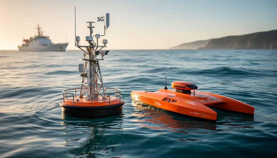 "Ocean buoy with sensor mast and 5G antenna alongside an orange autonomous surface drone on open sea at golden hour, with distant research vessel and coastline softly blurred."