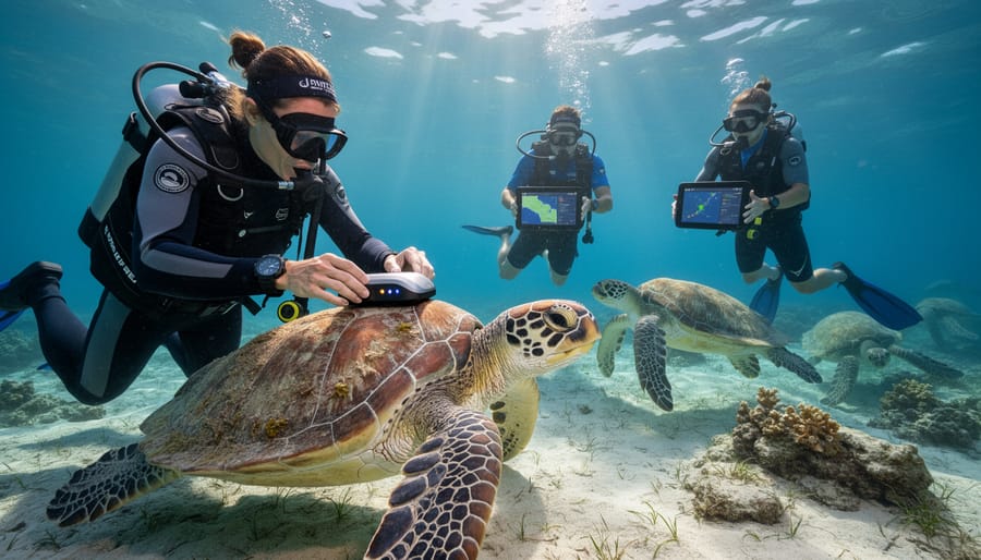 Marine scientist attaching IoT tracking sensor to sea turtle underwater