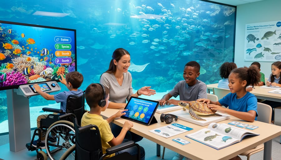 Student using wheelchair experiencing virtual ocean program with educator assistance in accessible classroom