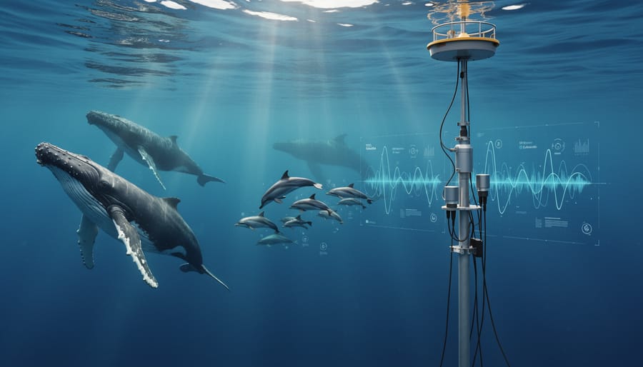 Marine biologist installing underwater acoustic monitoring device on coral reef