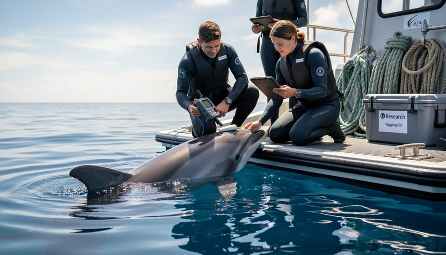 Marine biologist attaching acoustic tracking tag to sea turtle underwater