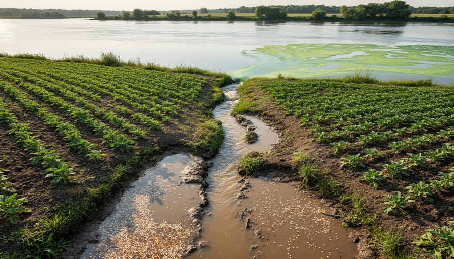 Agricultural runoff water flowing from farmland into drainage channel