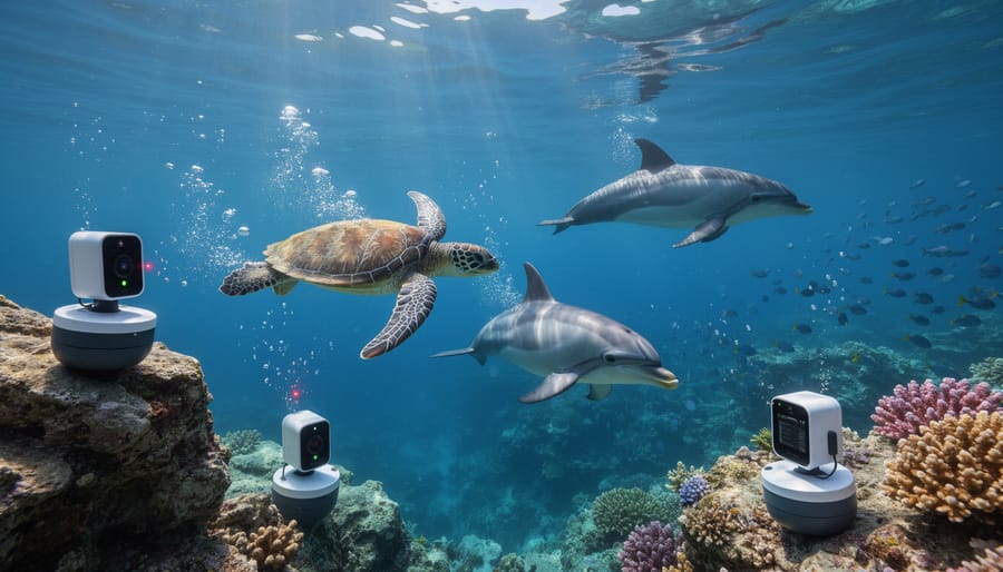 Sea turtle with monitoring sensor swimming through coral reef with sunlight streaming through water