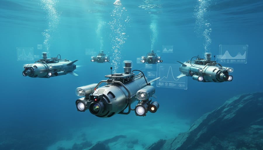 Autonomous underwater research vehicle being deployed into ocean from research vessel