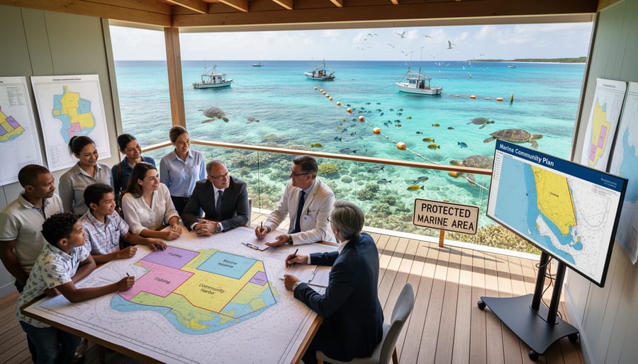 Healthy coral reef ecosystem with fish and traditional fishing structures in background