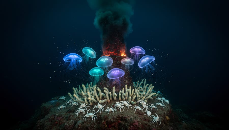 Bioluminescent deep-sea jellyfish near hydrothermal vent in dark ocean waters