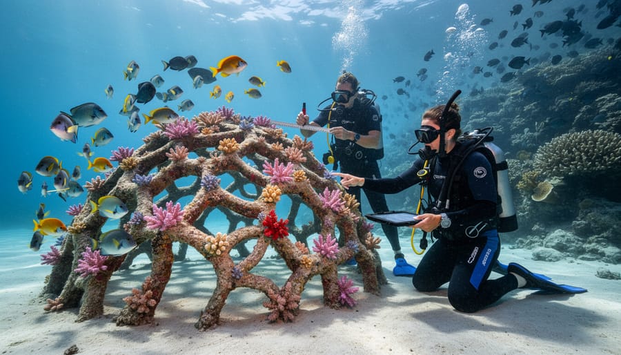 Marine biologist examining artificial reef structure underwater with growing coral and fish