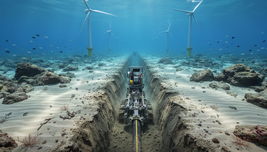 Underwater cable-laying equipment creating trench in ocean floor sediment
