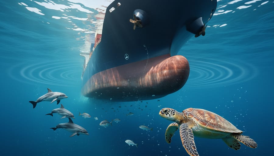 Underwater view of large cargo ship hull and propeller creating noise pollution in ocean
