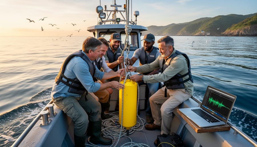 Volunteers participating in acoustic monitoring research aboard marine research vessel