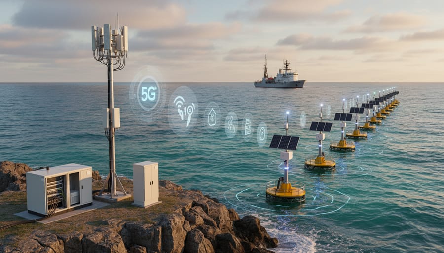 Coastal 5G communications tower near ocean with research vessel in distance
