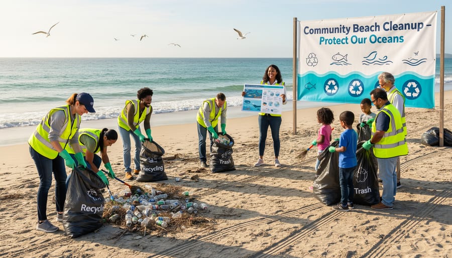 Volunteers sorting collected ocean pollution during coastal cleanup event