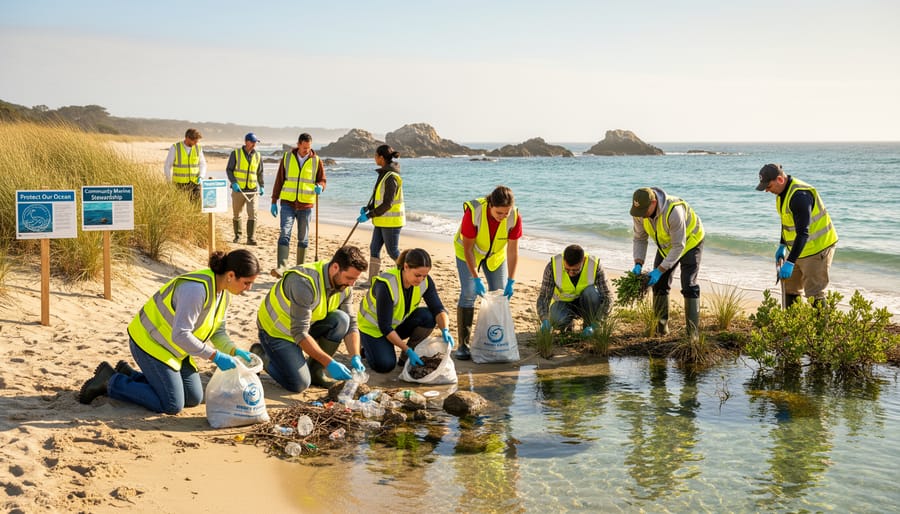 Diverse group of community volunteers cleaning up beach along West Marin coastline