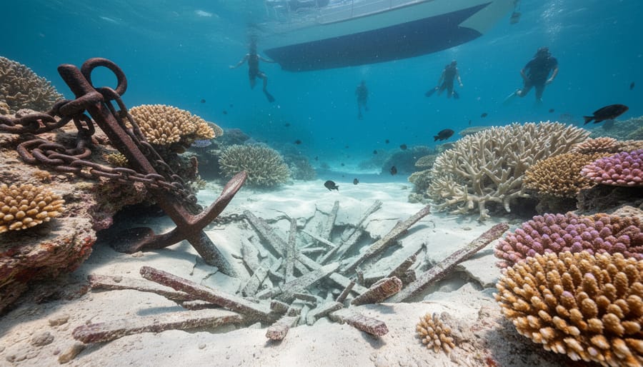 Damaged coral reef with anchor chain showing physical impact of marine tourism
