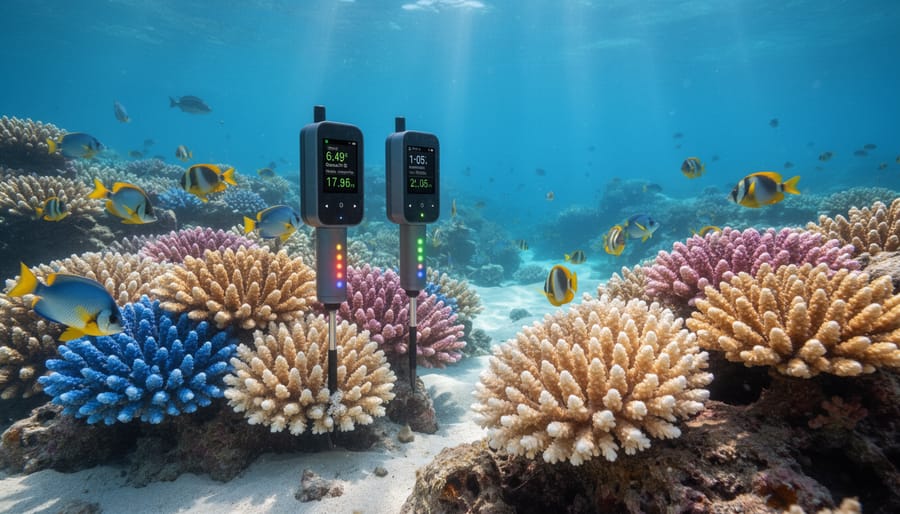 Underwater sensors monitoring coral reef health with vibrant coral formations