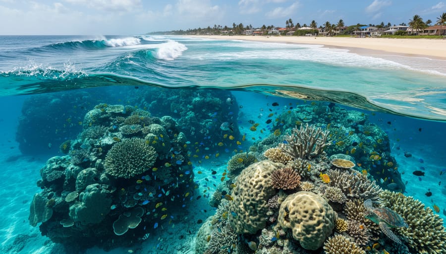Underwater view of colorful coral reef showing complex branching structures