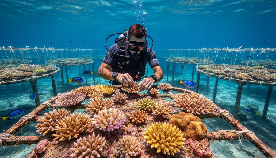 Healthy staghorn coral growing in restoration nursery in Florida Keys