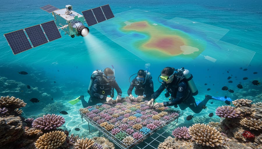 Coral restoration transplants attached to underwater structure with fish swimming nearby