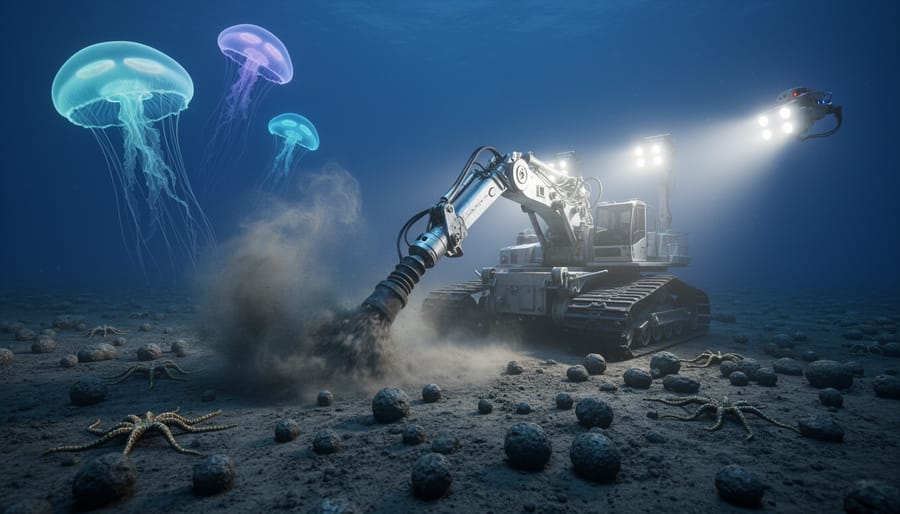 Low-angle view of a deep-sea mining vehicle vacuuming polymetallic nodules on an abyssal plain, with a billowing sediment plume and nearby bioluminescent jellyfish and brittle stars against a dark blue ocean backdrop.