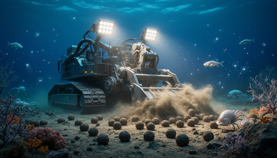 Deep-sea mining equipment on ocean floor surrounded by polymetallic nodules