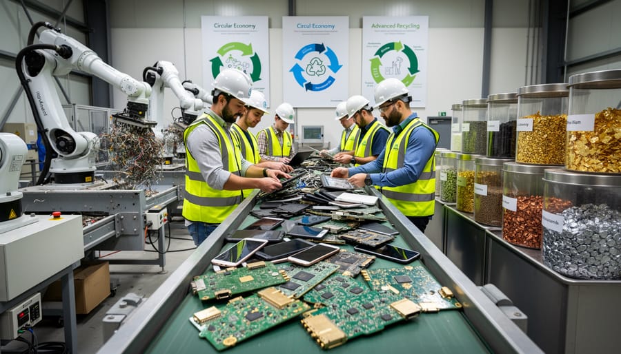 Hands sorting electronic components and circuit boards at recycling facility