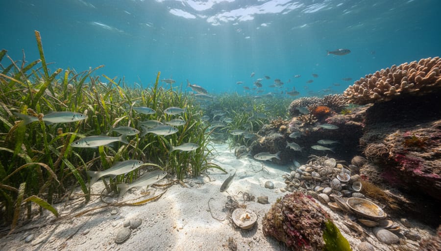 Diverse marine habitat showing kelp forest and rocky reef with juvenile fish