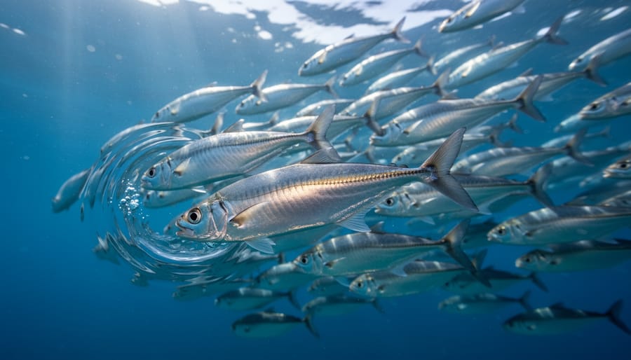 School of fish swimming in synchronized formation underwater