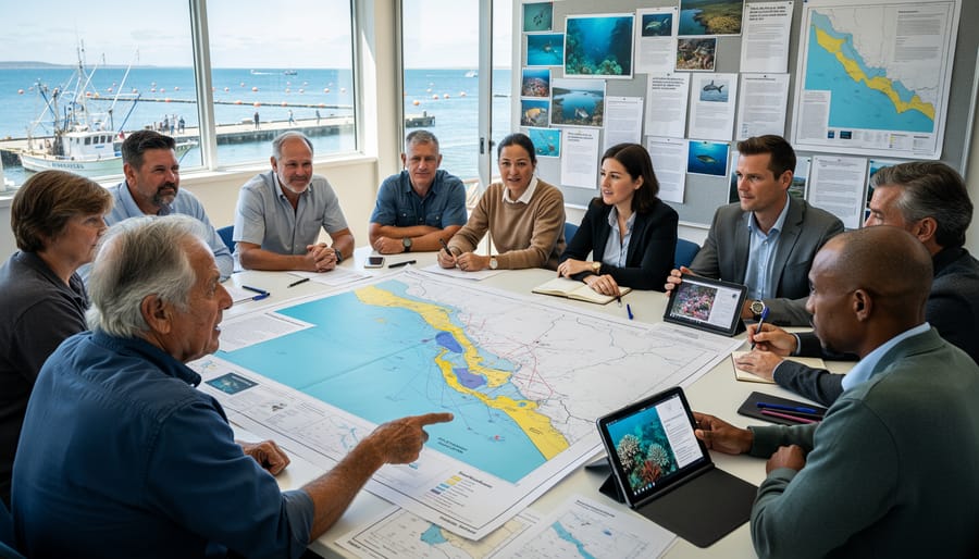 Diverse group of fishers discussing marine planning documents on coastal dock