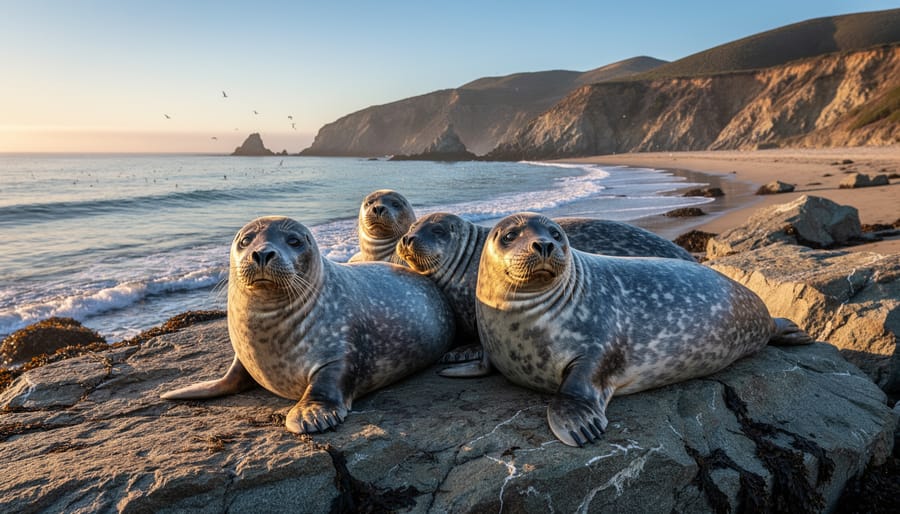 Harbor seal resting on coastal rocks with ocean in background