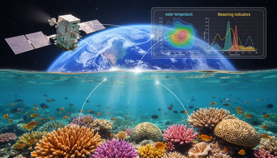 Aerial view of vibrant coral reef with healthy coral formations visible through clear turquoise water