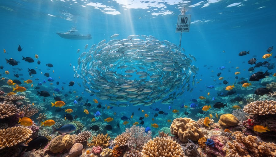 Vibrant coral reef with diverse schools of tropical fish in clear blue water