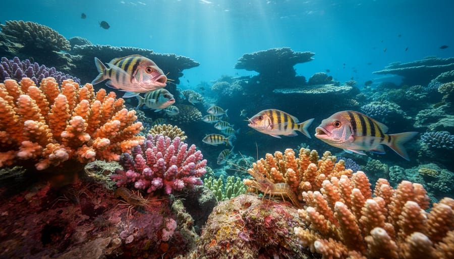Vibrant coral reef ecosystem with numerous tropical fish and healthy coral formations