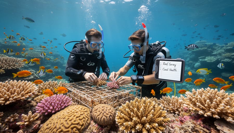 Vibrant coral reef with tropical fish in clear blue water