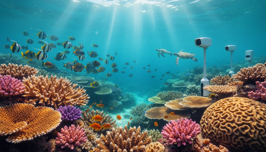 Colorful healthy coral reef with diverse coral formations in clear tropical water