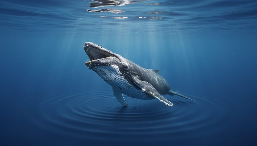 Humpback whale swimming underwater in clear blue ocean water with sunlight rays